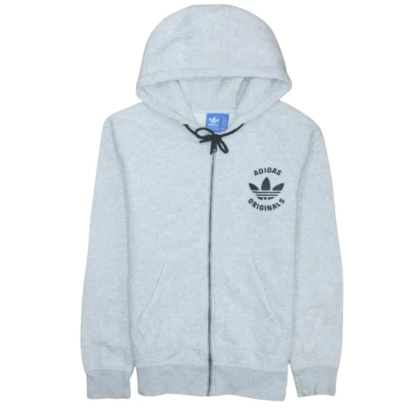 Adidas Light Grey Zip Hoodie Women’s Small Originals Trefoil Printed Logo Pockets Sweatshirt sold by Vintage Club