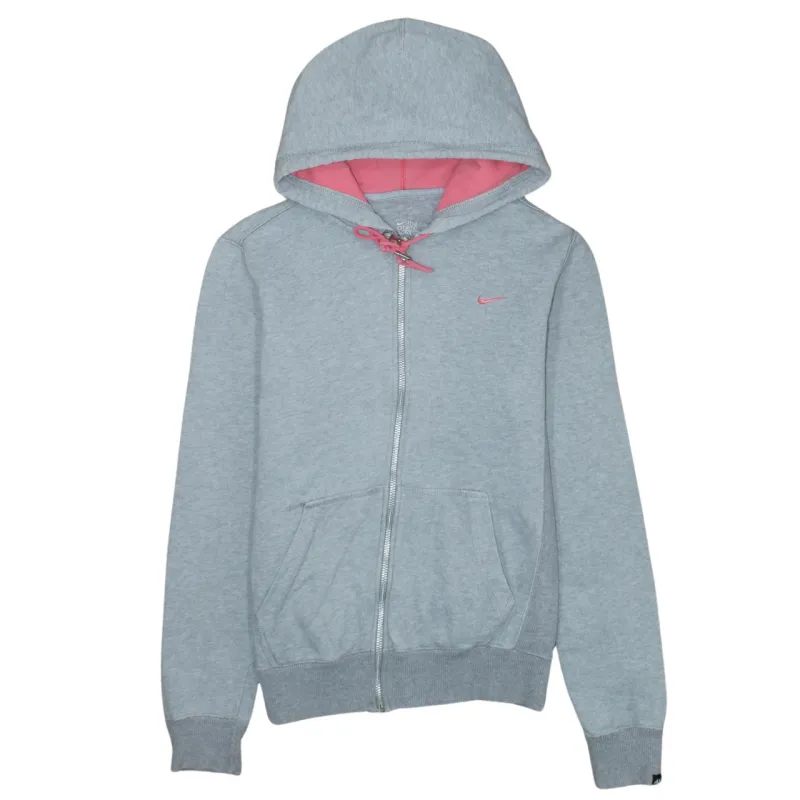 Nike Grey Full Zip Hoodie Men’s Medium Pink Swoosh Drawstring Hood Split Pocket Sweatshirt sold by Vintage Club