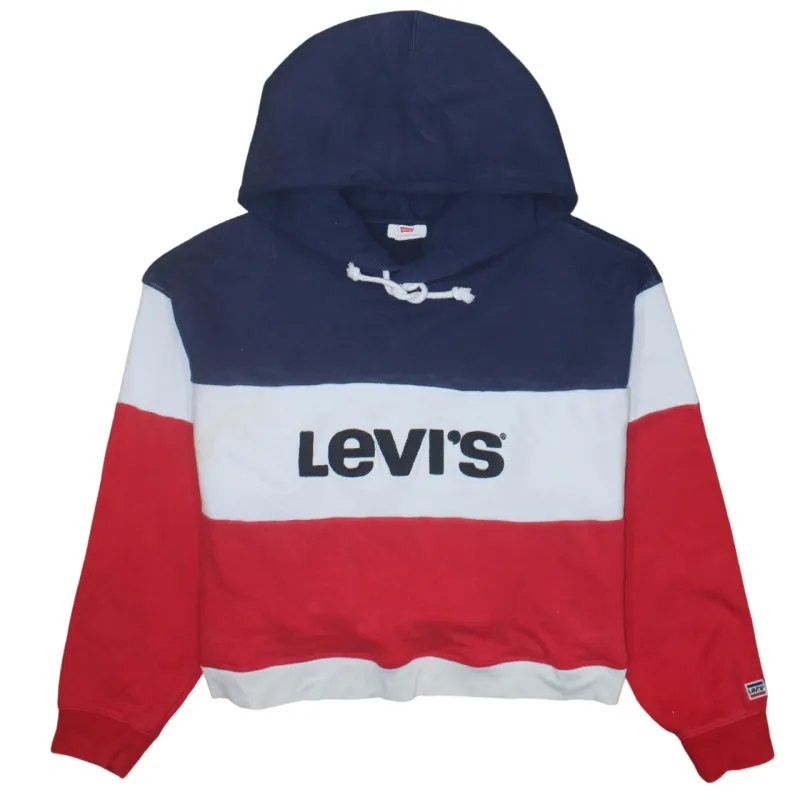 Levi's Navy Red Colour Block Hoodie Women's Large Printed Logo Cropped Pullover Sweatshirt made by Levi's