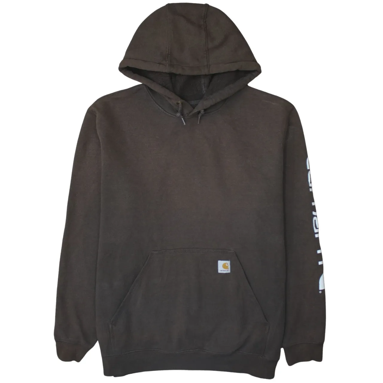 Carhartt Dark Brown Hoodie Women’s XLarge Printed Sleeve Logo Front Pocket Pullover Sweatshirt sold by Vintage Club