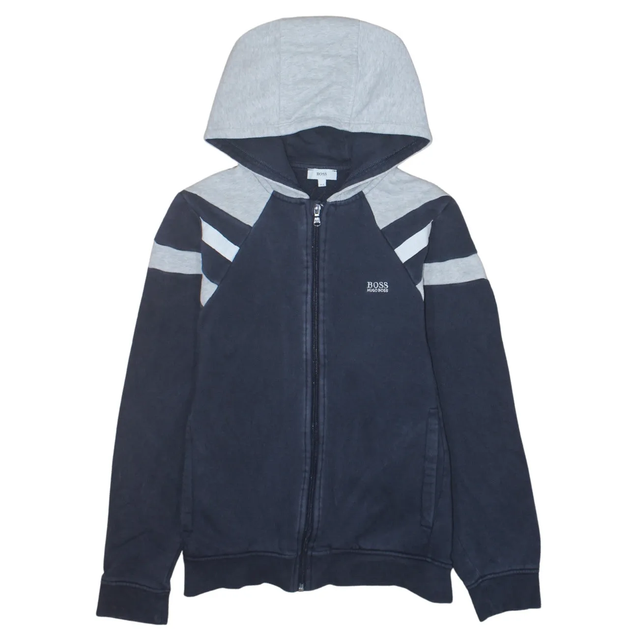 Hugo Boss Navy Grey Hoodie Women’s Small Full Zip Embroidered Logo Stripe Sleeves Sweatshirt sold by Vintage Club