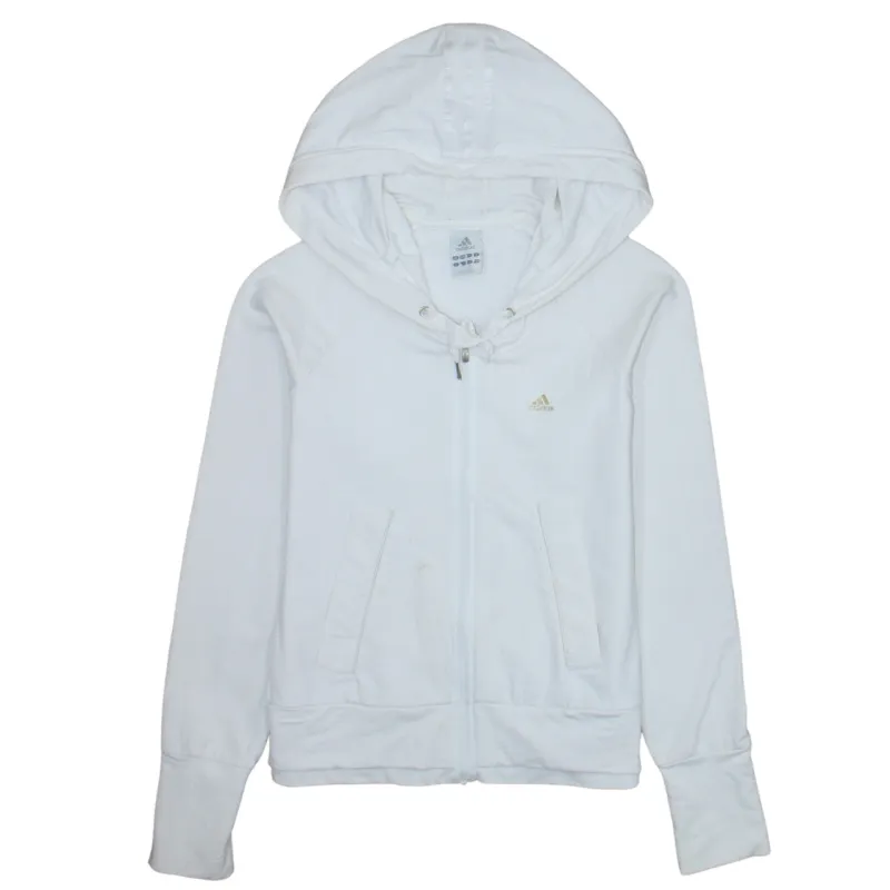 Adidas White Full Zip Hoodie Women’s XSmall Embroidered Logo Drawstring Hood Pockets Sweatshirt sold by Vintage Club