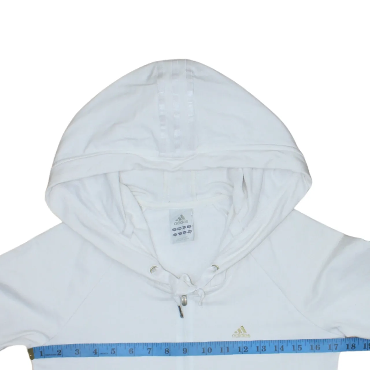 Adidas White Full Zip Hoodie Women’s XSmall Embroidered Logo Drawstring Hood Pockets Sweatshirt sold by Vintage Club product image thumbnail 5
