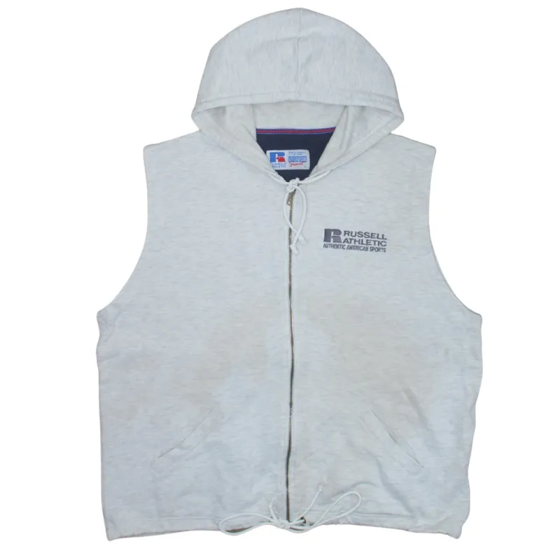 Russell Athletic Light Grey Hooded Gilet Men's Large Zip Front Embroidered Logo Vest made by Russell Athletic