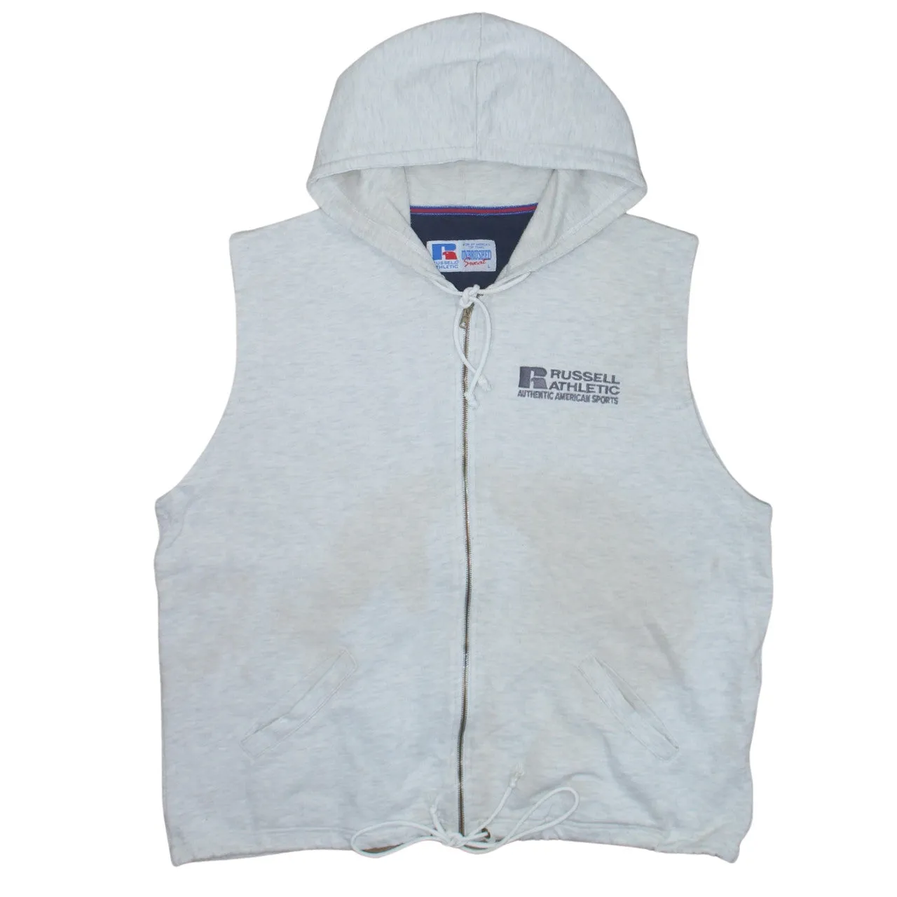 Russell Athletic Light Grey Hooded Gilet Men's Large Zip Front Embroidered Logo Vest sold by Vintage Club