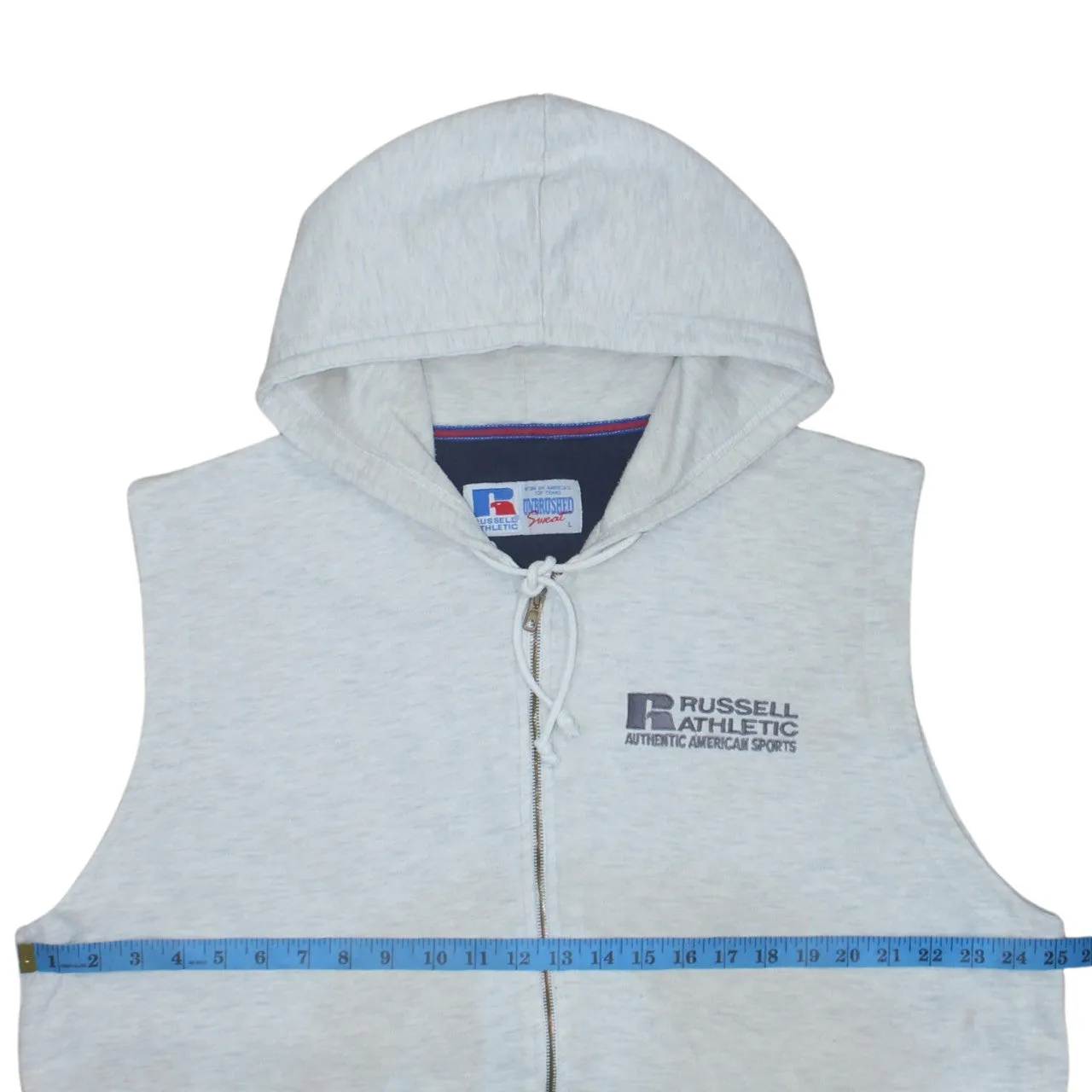 Russell Athletic Light Grey Hooded Gilet Men's Large Zip Front Embroidered Logo Vest sold by Vintage Club product image thumbnail 5