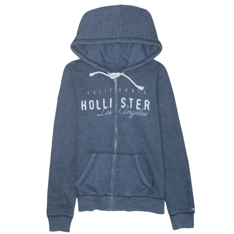 Hollister Blue Zip Hoodie Women’s Small Printed Logo Drawstring Hood Split Pocket Sweatshirt made by Hollister