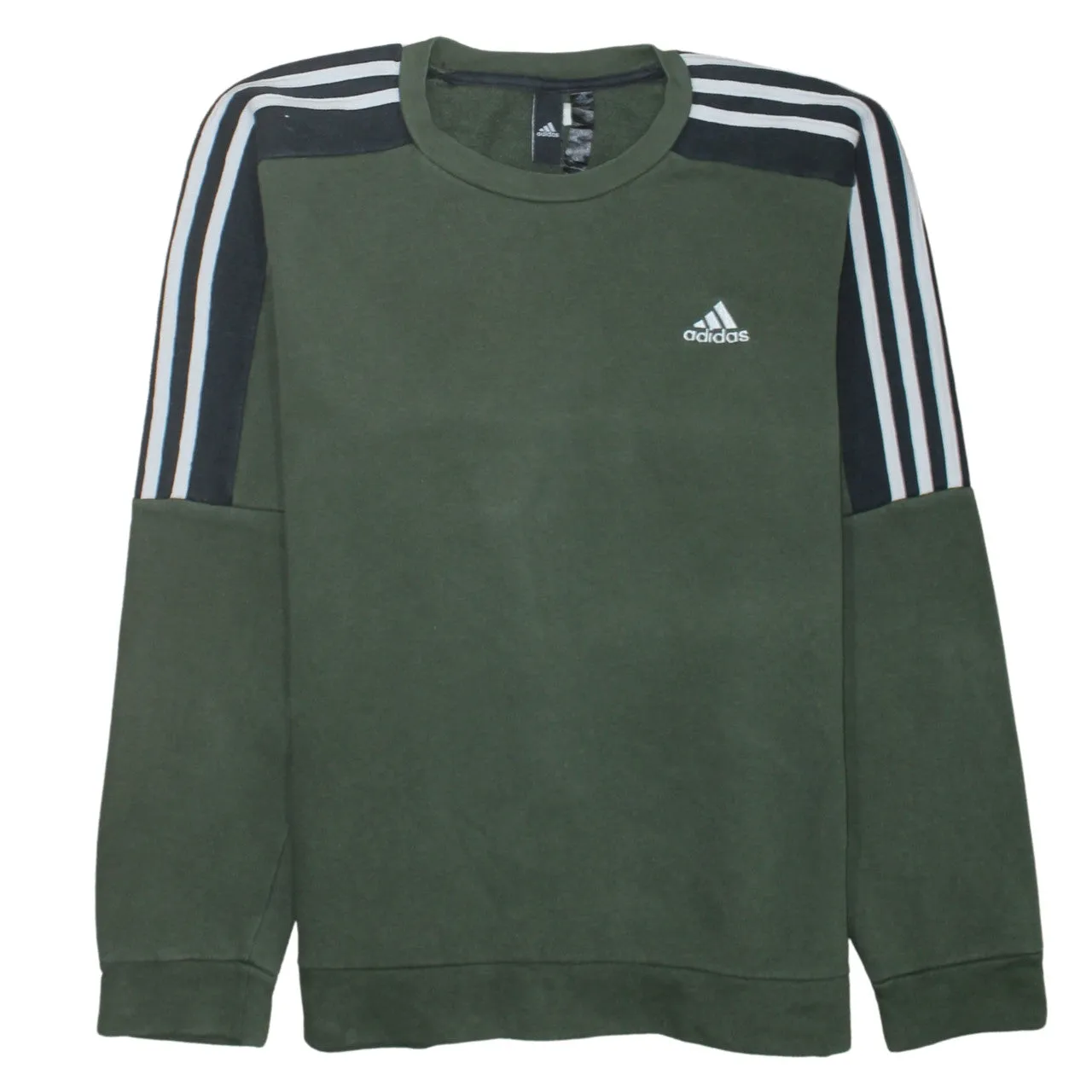Adidas Khaki Green Sweatshirt Men's Small Three Stripe Sleeves Embroidered Logo Pullover sold by Vintage Club
