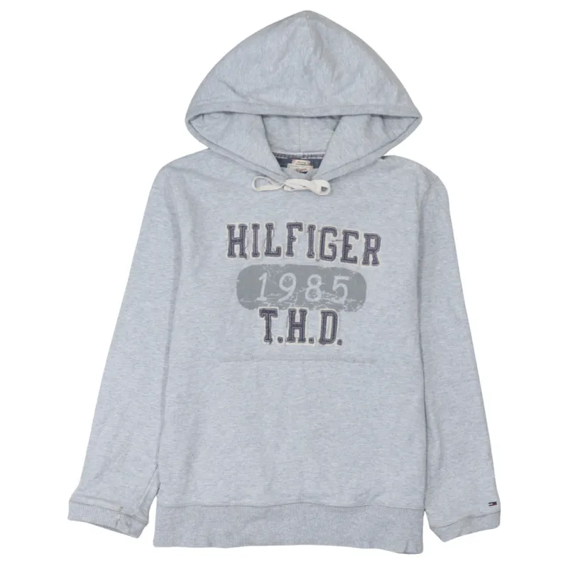 Tommy Hilfiger Light Grey Hoodie Men's Medium Printed Hilfiger 1985 Logo Pullover Sweatshirt made by Tommy Hilfiger