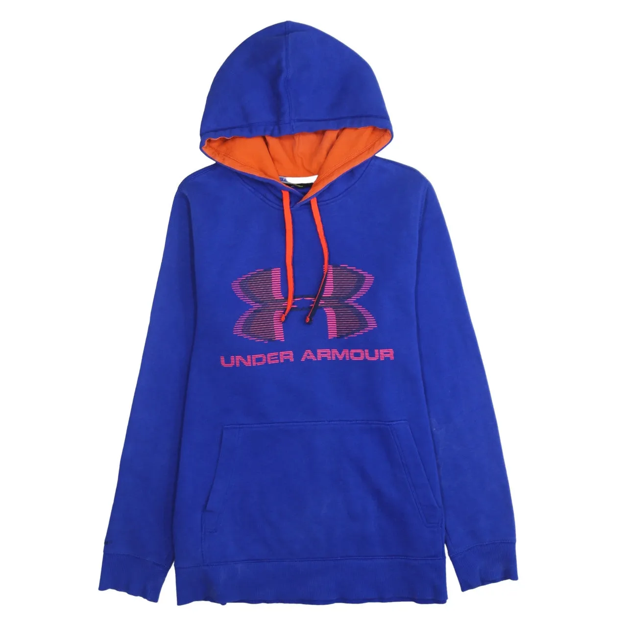 Under Armour Royal Blue Hoodie Men’s Small Printed Logo Orange Lining Drawstring Pullover sold by Vintage Club