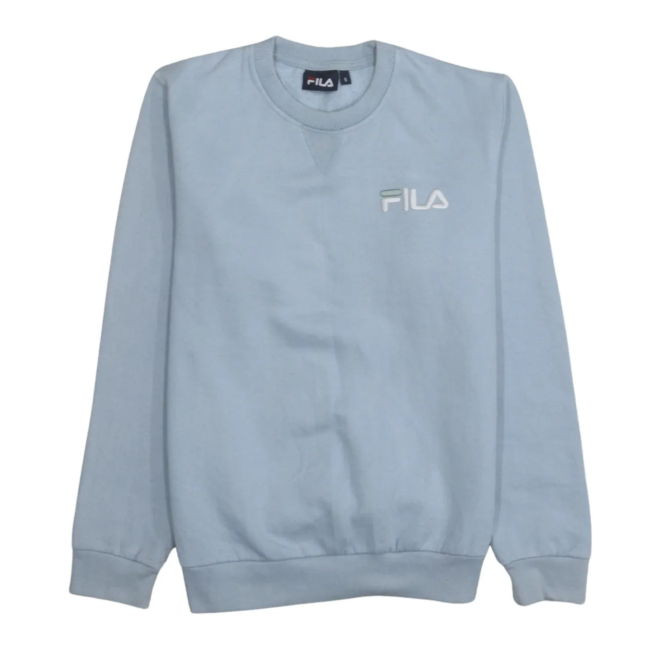 Fila Light Blue Sweatshirt Men's Small Embroidered Chest Logo Crewneck Pullover Fleece Top sold by Vintage Club