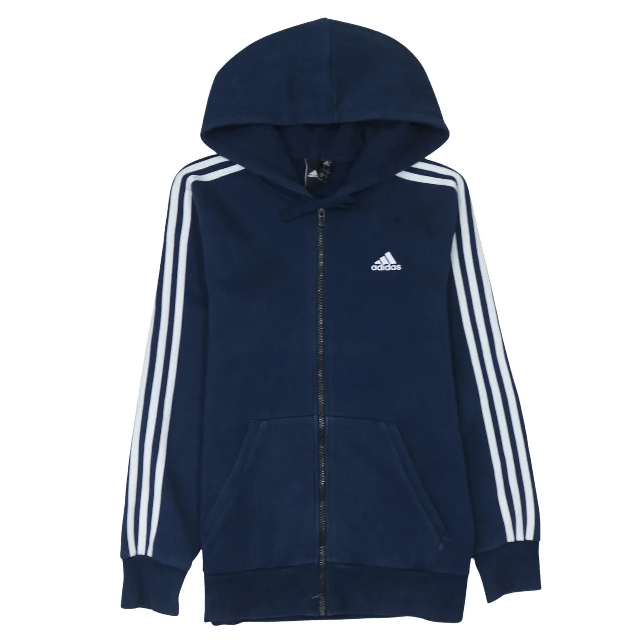 Adidas Navy Blue Hoodie Men's Small Full Zip Three Stripe Sleeves Embroidered Logo Sweatshirt sold by Vintage Club