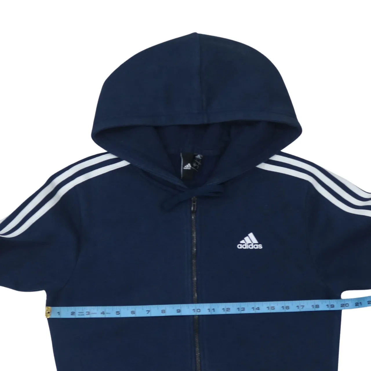 Adidas Navy Blue Hoodie Men's Small Full Zip Three Stripe Sleeves Embroidered Logo Sweatshirt sold by Vintage Club product image thumbnail 5