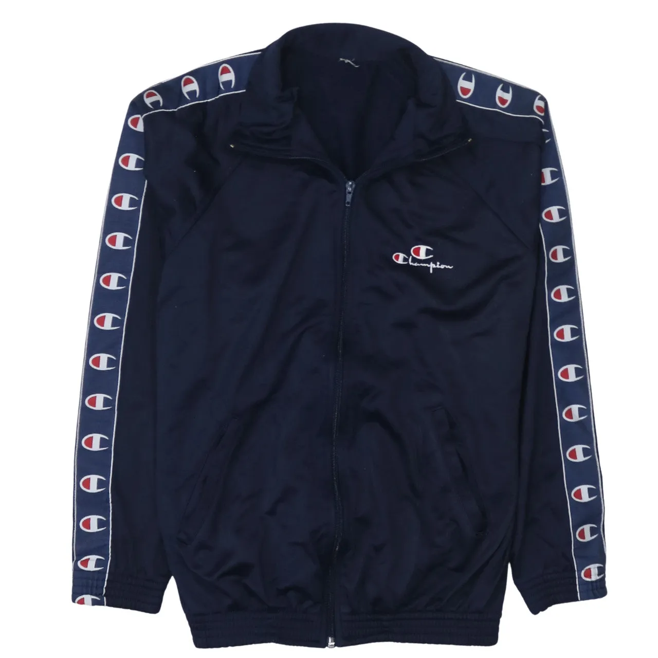 Champion Navy Blue Track Jacket Men’s Small Embroidered Logo Tape Sleeves Zip Top sold by Vintage Club