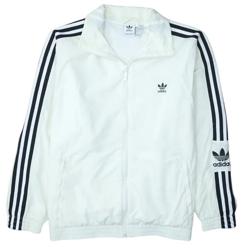 Adidas White Windbreaker Jacket Women's Medium Three Stripe Sleeves Printed Trefoil Logo Track Top sold by Vintage Club