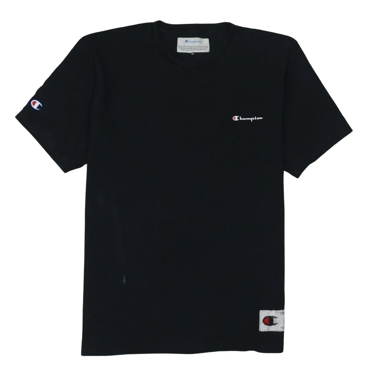 Champion Black T Shirt Women’s XLarge Small Chest Logo Sleeve Patch Casual Top sold by Vintage Club