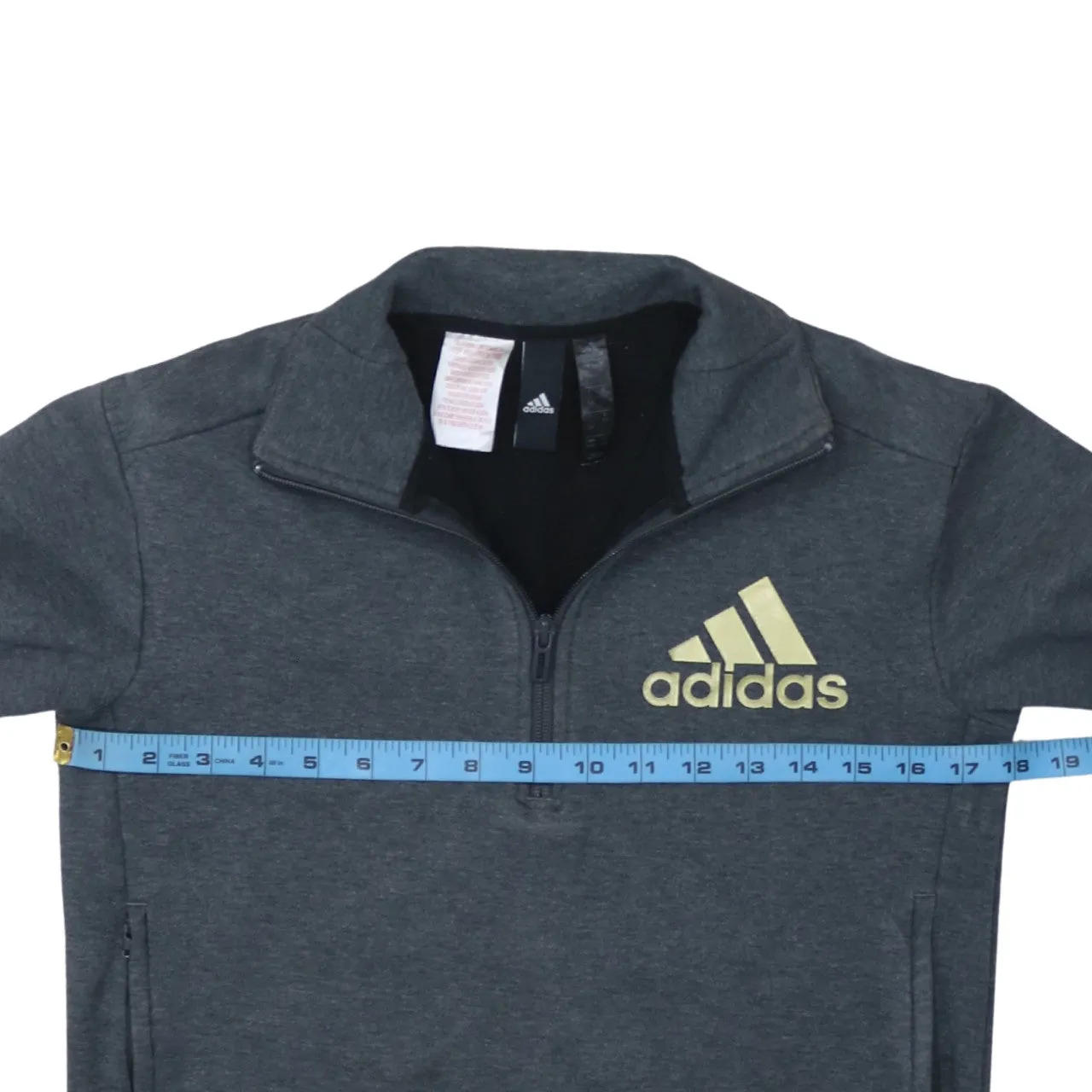 Adidas Dark Grey Sweatshirt Women’s Medium Quarter Zip Gold Printed Logo Pullover Top sold by Vintage Club product image thumbnail 5