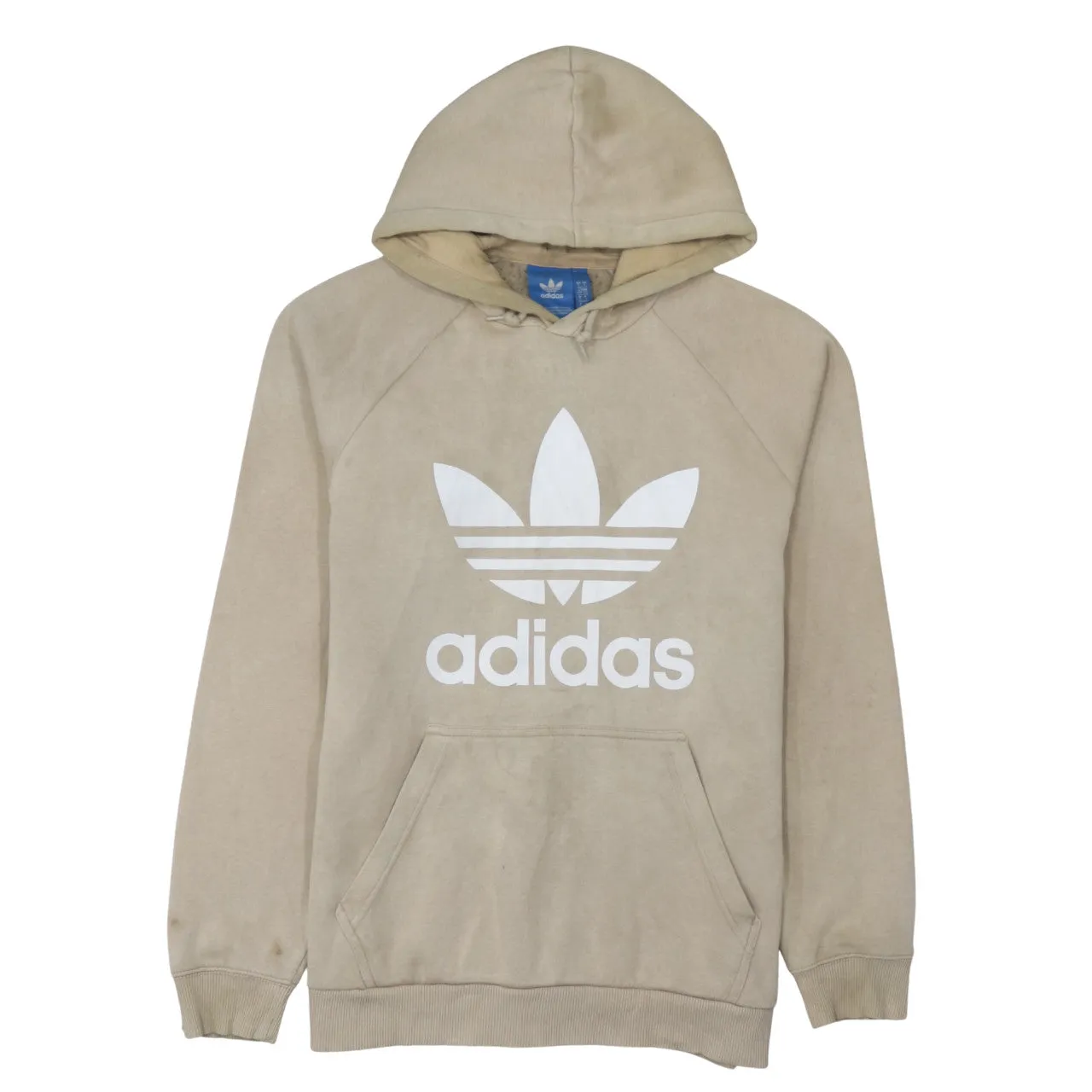 Adidas Beige Cream Hoodie Women's Large Trefoil Printed Logo Front Pocket Pullover Sweatshirt sold by Vintage Club