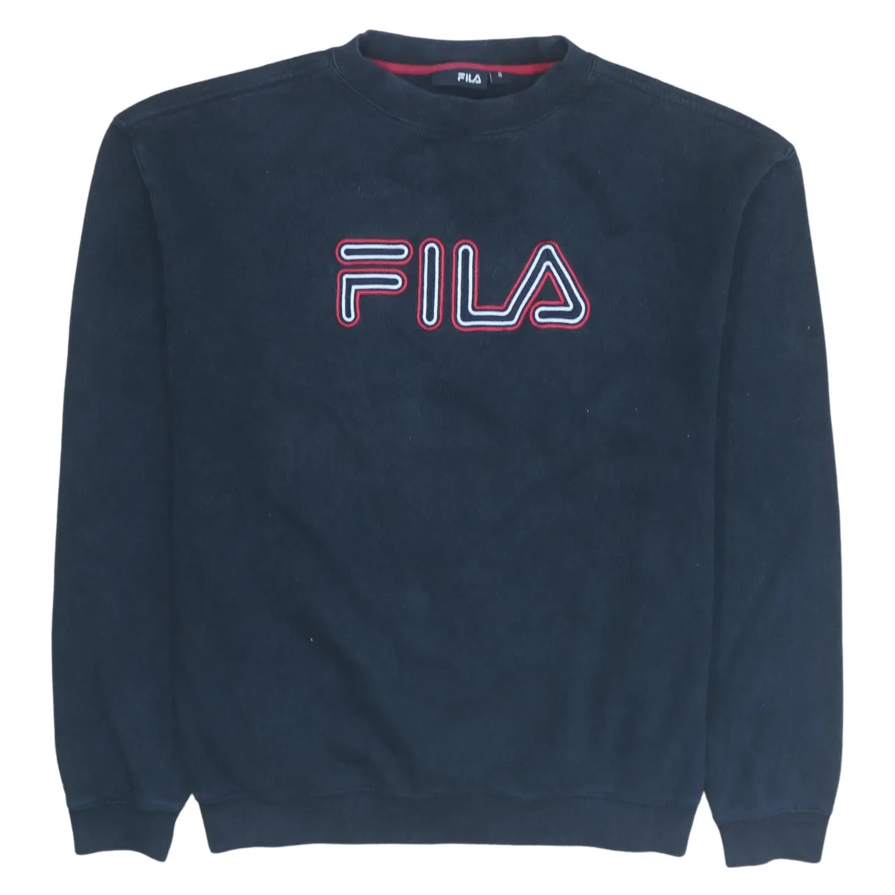 Fila Black Sweatshirt Men’s Small Embroidered Front Logo Ribbed Cuffs Crewneck Pullover sold by Vintage Club