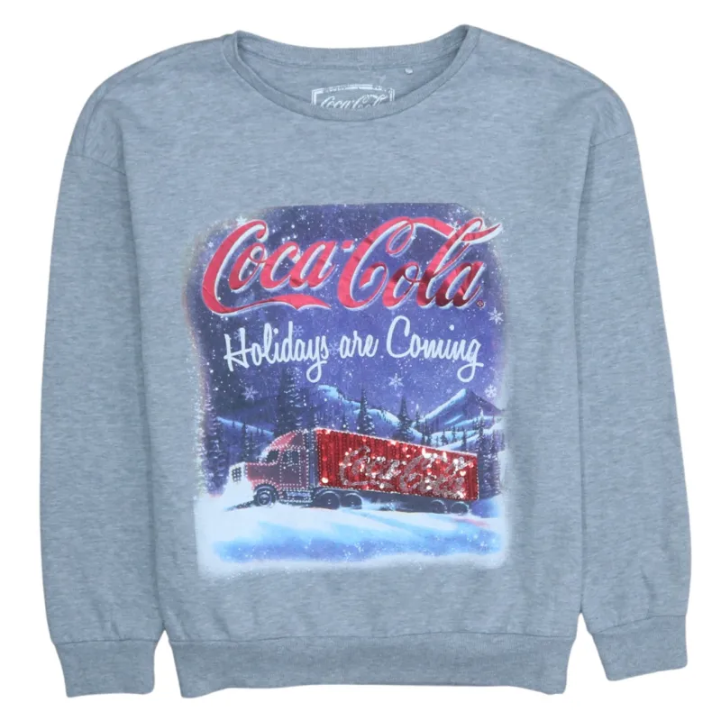 Coca Cola Grey Sweatshirt Women's Medium Sequin Truck Holidays Are Coming Printed Top made by Coca-Cola