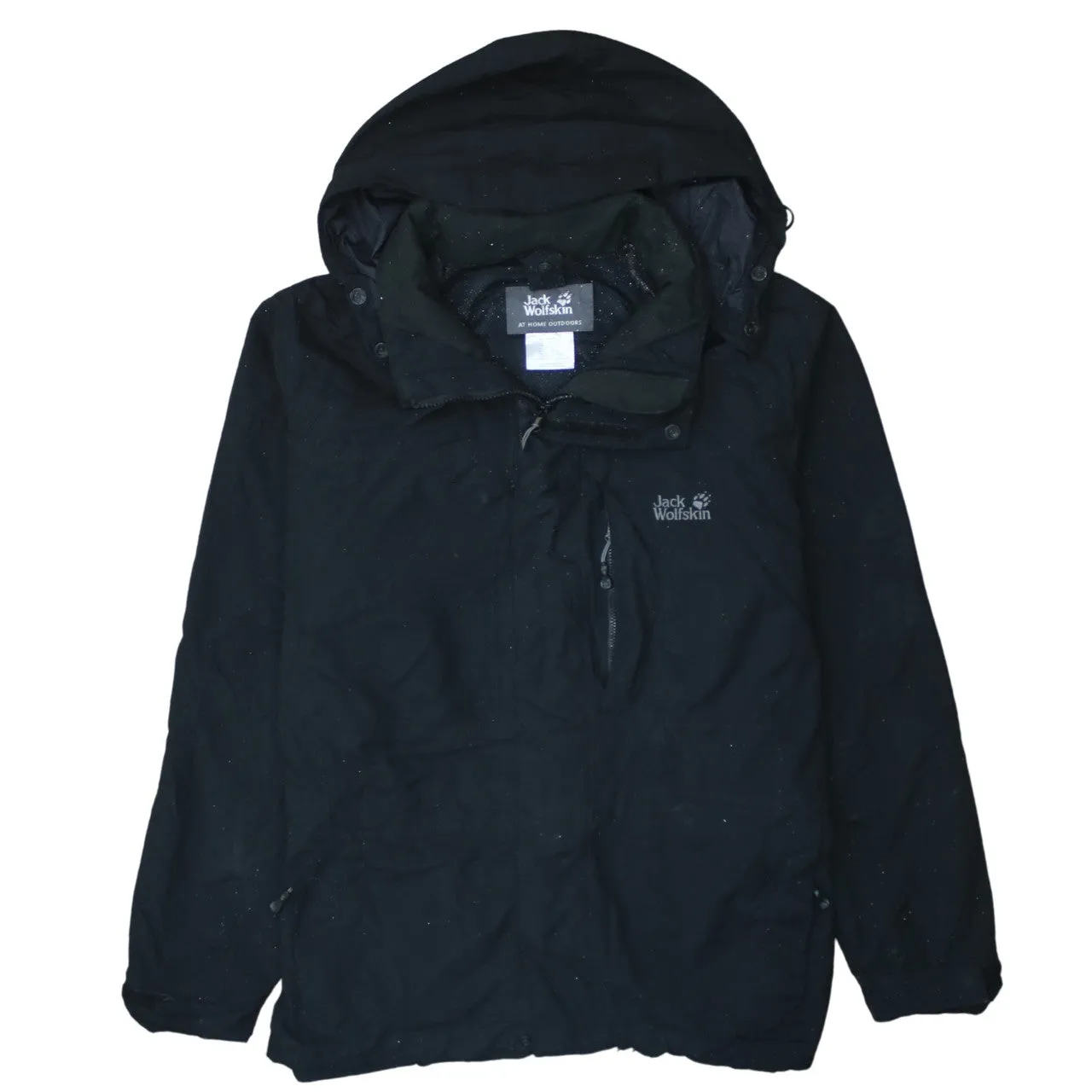 Jack Wolfskin Black Hooded Jacket Men's Medium Embroidered Logo Zip Pockets Windbreaker Outerwear sold by Vintage Club