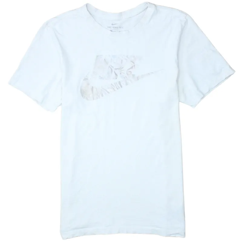 Nike White T Shirt Men's Small Metallic Silver Printed Swoosh Logo Casual Tee Top made by Nike