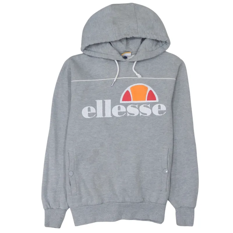 Ellesse Grey Hoodie Women’s Medium Printed Front Logo Drawstring Hood Button Pockets Sweatshirt sold by Vintage Club