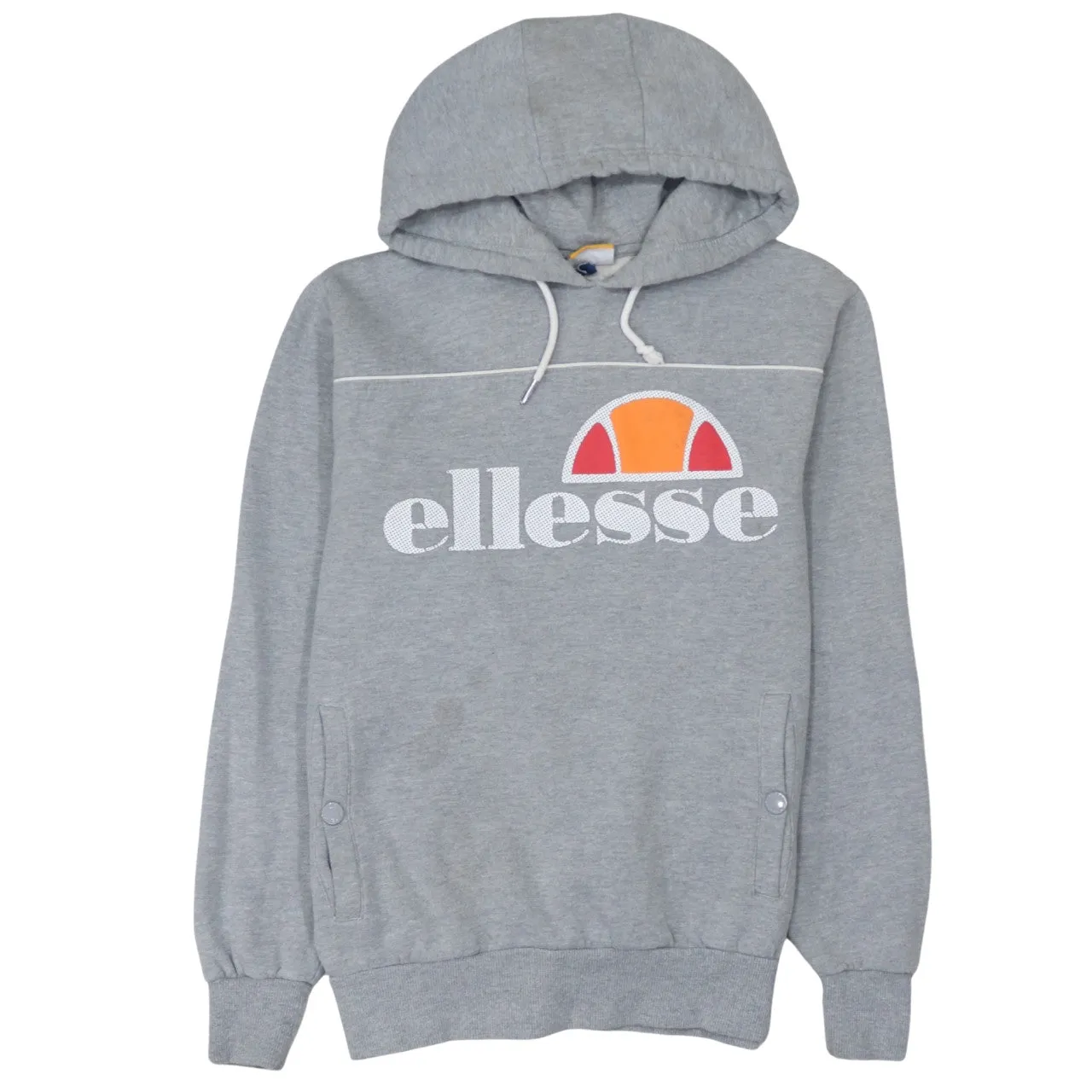 Ellesse Grey Hoodie Women’s Medium Printed Front Logo Drawstring Hood Button Pockets Sweatshirt sold by Vintage Club
