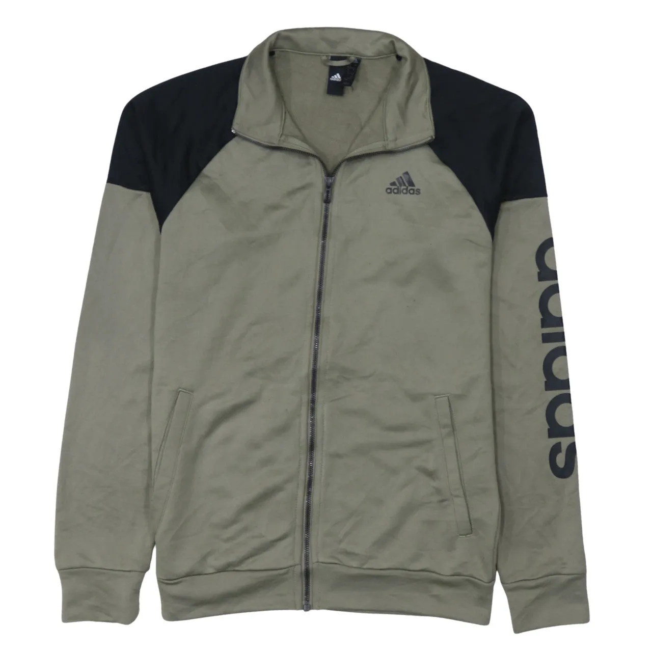 Adidas Khaki Green Full Zip Sweatshirt Men's Small Printed Sleeve Logo Track Top Jacket sold by Vintage Club