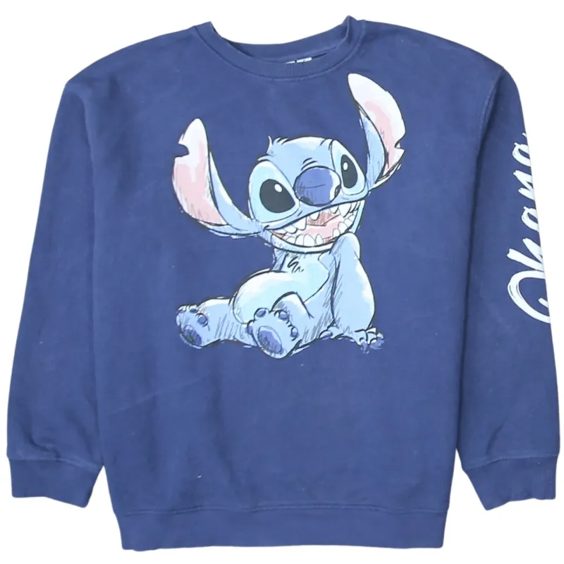 Disney Navy Blue Sweatshirt Women's Medium Stitch Printed Graphic Sleeve Script Pullover Top sold by Vintage Club