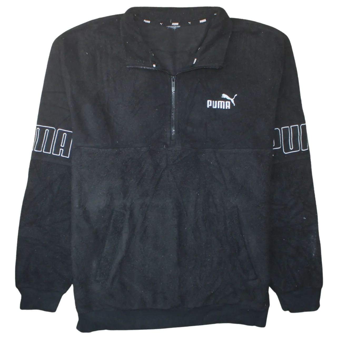 Puma Black Fleece Jumper Men’s XLarge 1/4 Zip Embroidered Logo Sleeve Print Pullover Sweatshirt sold by Vintage Club