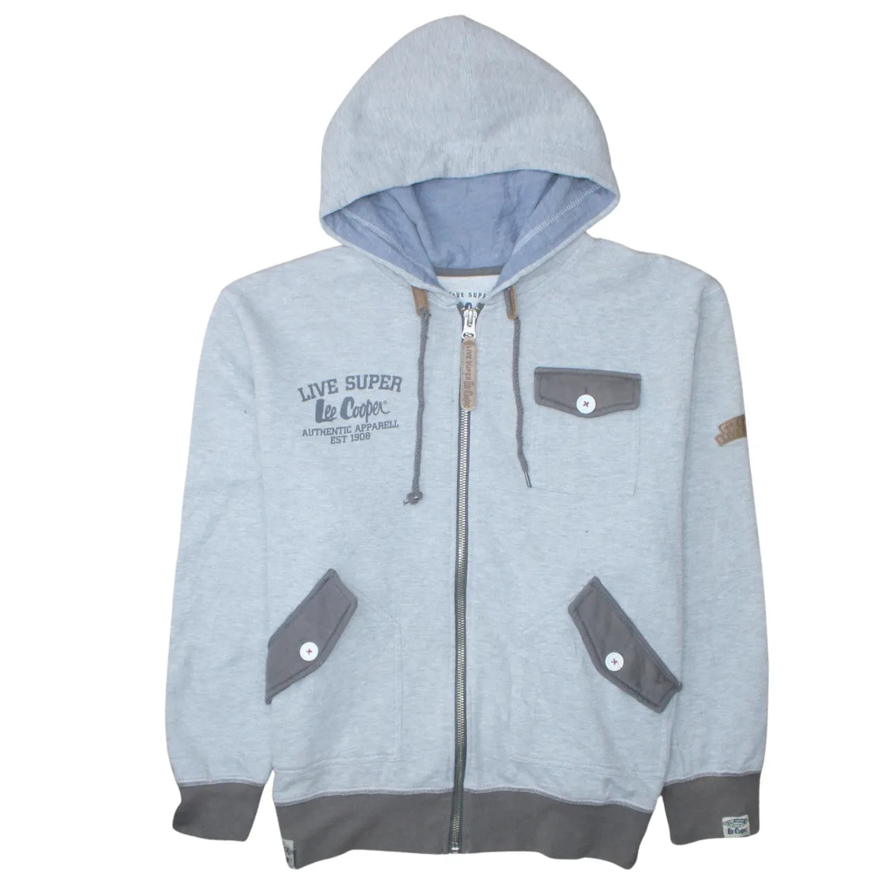 Lee Cooper Light Grey Zip Hoodie Women’s Large Embroidered Chest Logo Button Pockets Sweatshirt sold by Vintage Club