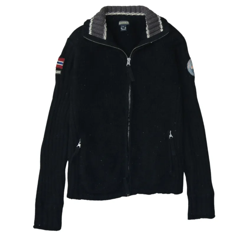 Napapijri Black Full Zip Jacket Men's Large Embroidered Flag Sleeve Pockets Knit Fleece Top made by Napapijri