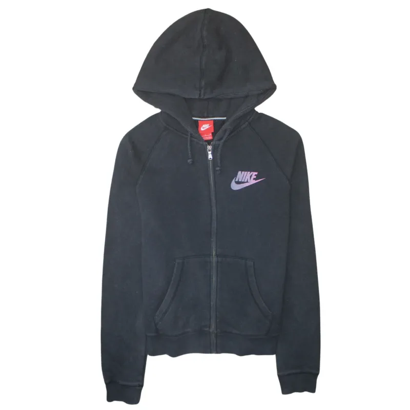 Nike Black Full Zip Hoodie Women's Medium Printed Swoosh Logo Split Pocket Sweatshirt sold by Vintage Club