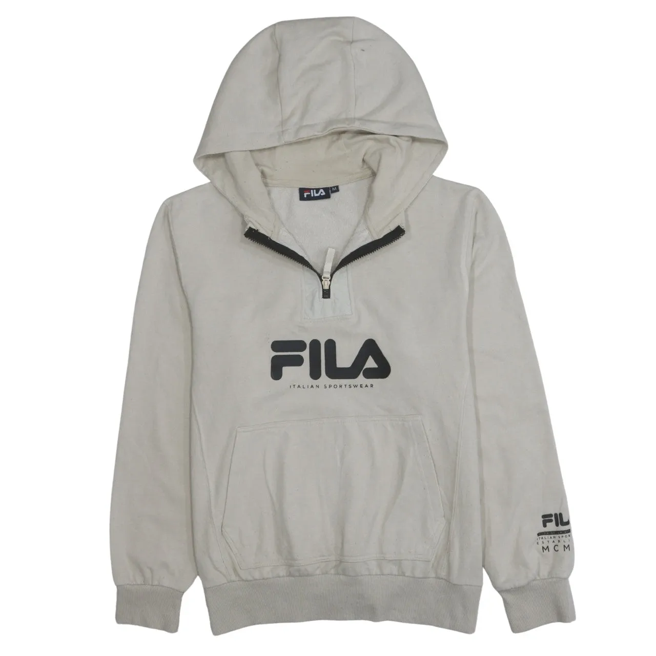 Fila 90's Spellout Quarter Zip Hoodie Medium Beige Cream sold by Vintage Club