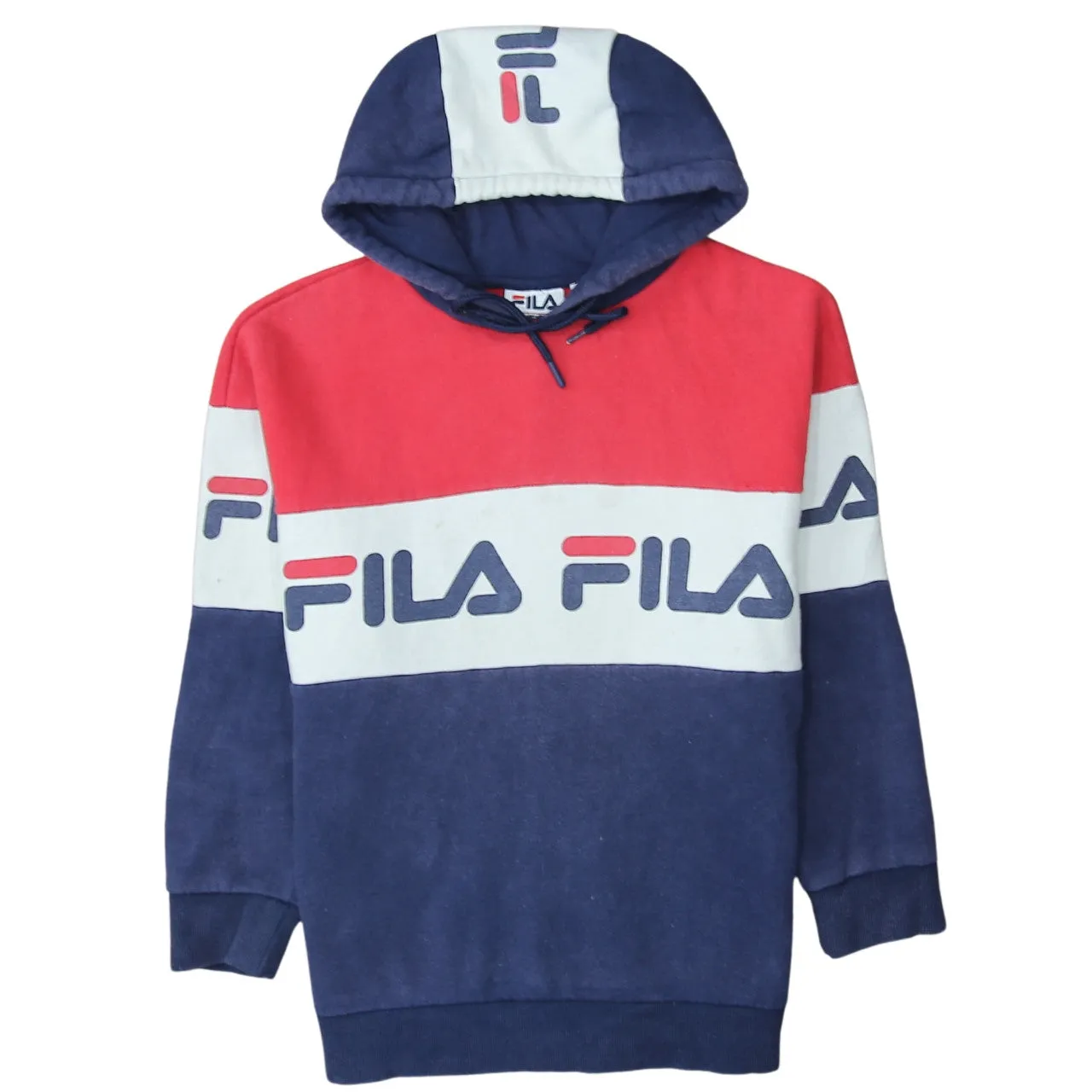 Fila Navy Red Colour Block Hoodie Women's XSmall Big Logo Printed Pullover Sweatshirt sold by Vintage Club