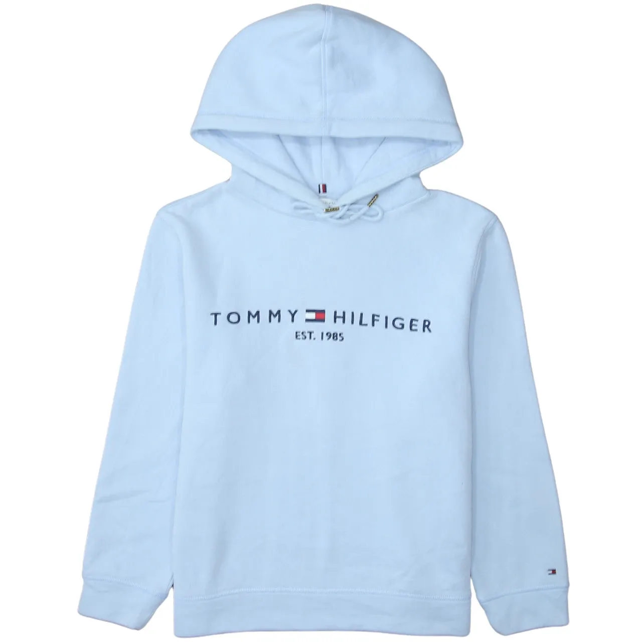 Tommy Hilfiger Light Blue Hoodie Men’s Medium Embroidered Logo Drawstring Pullover Sweatshirt sold by Vintage Club