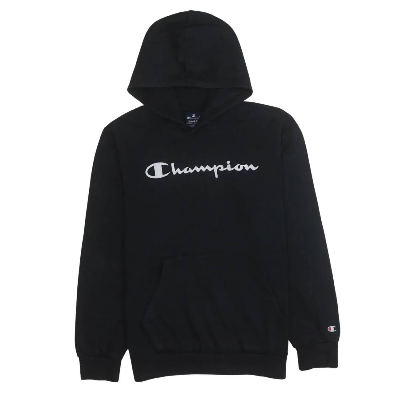 Champion Black Hoodie Women’s XLarge Printed Script Logo Front Pouch Fleece Pullover Sweatshirt sold by Vintage Club