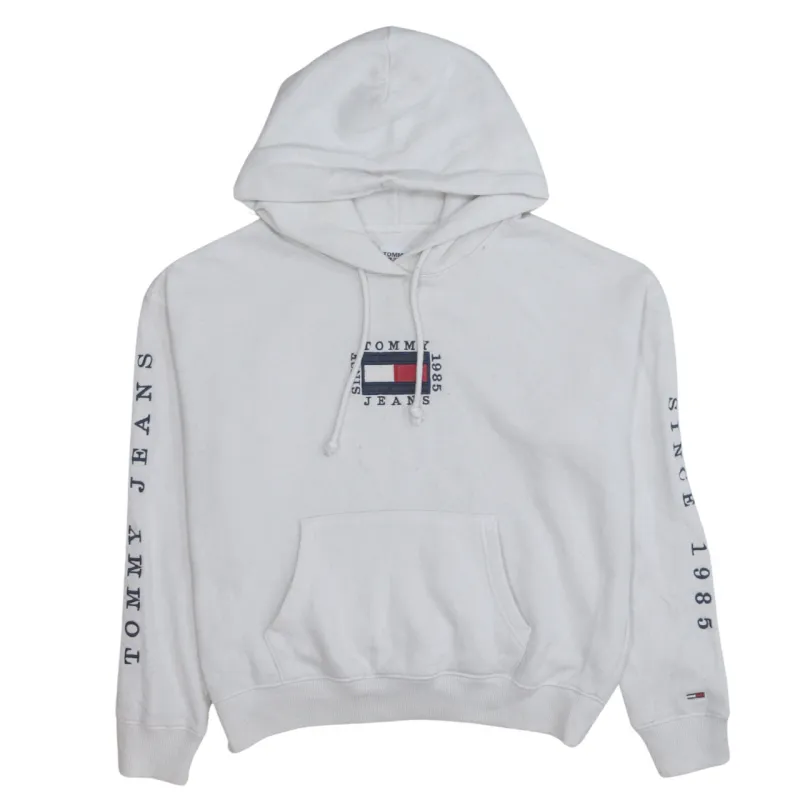 Tommy Hilfiger White Hoodie Women’s Medium Embroidered Flag Logo Sleeve Print Sweatshirt made by Tommy Hilfiger