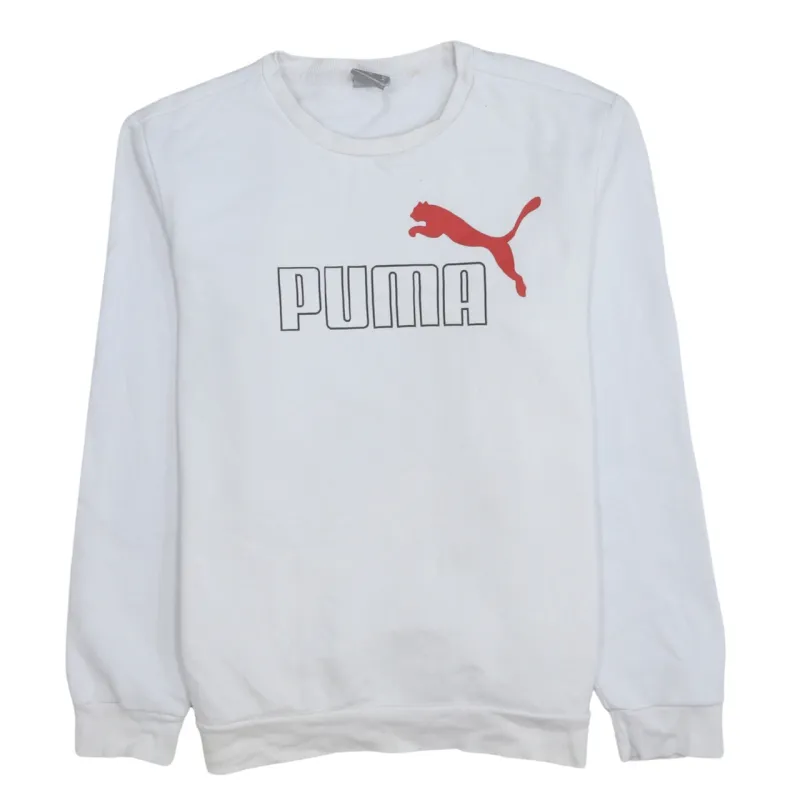 Puma White Sweatshirt Men's Medium Printed Big Logo Crewneck Pullover Fleece Top made by Puma
