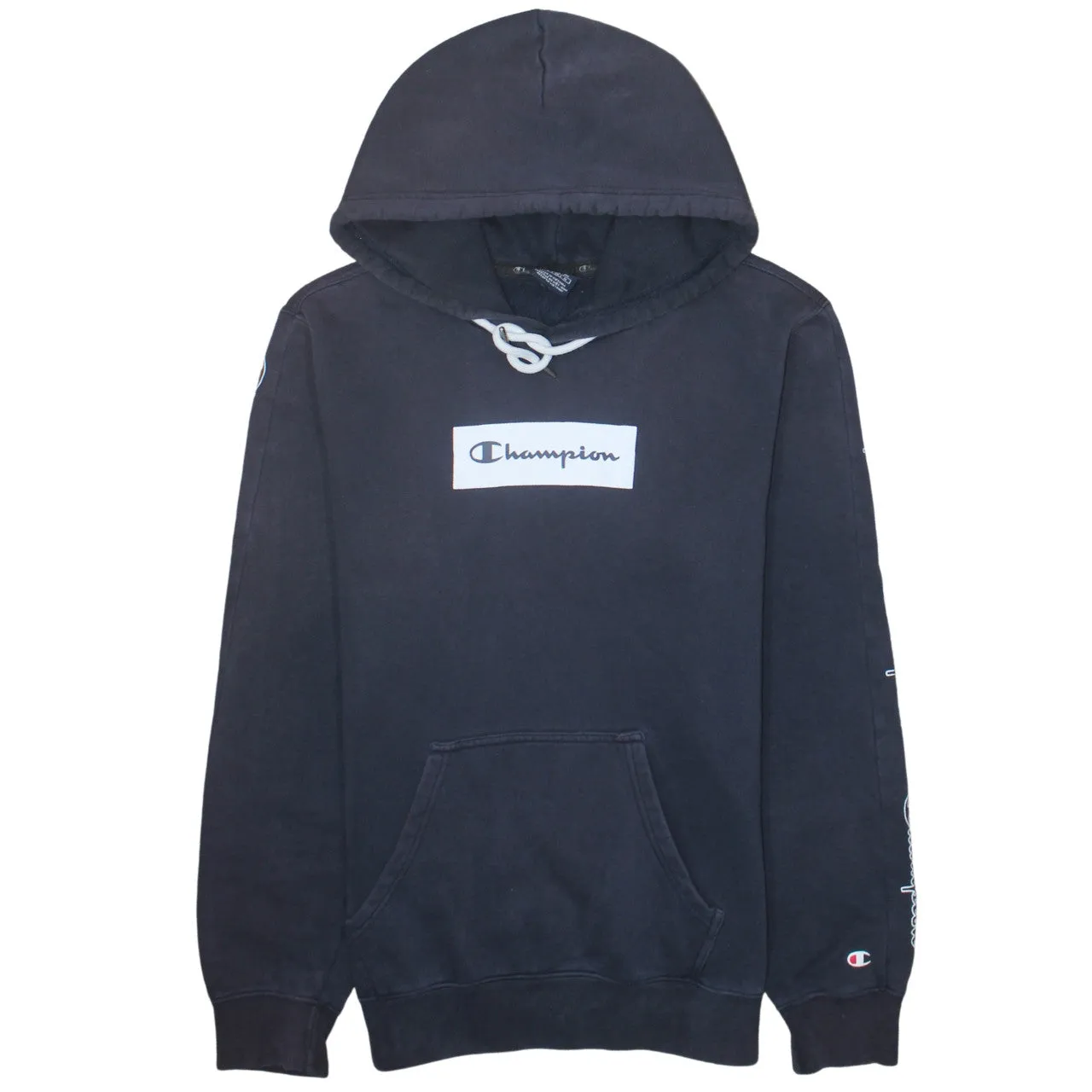 Champion 90's Spellout Pullover Hoodie Small Navy Blue sold by Vintage Club