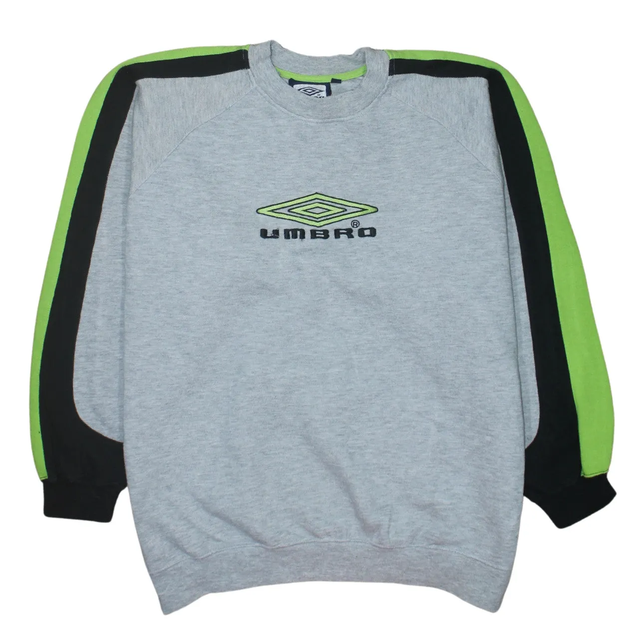 Umbro Grey Sweatshirt Men’s Large Embroidered Logo Green Black Sleeve Panels Pullover Top sold by Vintage Club