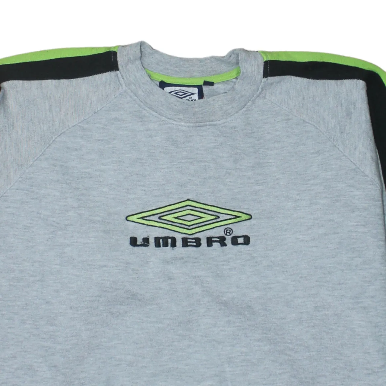Umbro Grey Sweatshirt Men’s Large Embroidered Logo Green Black Sleeve Panels Pullover Top sold by Vintage Club product image thumbnail 3