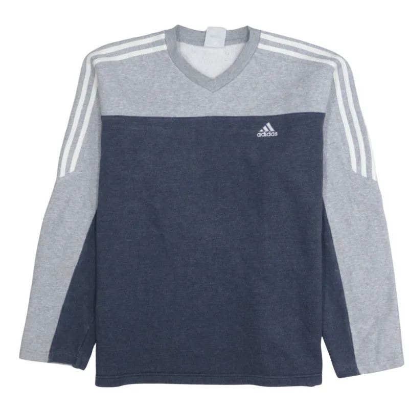 Adidas Navy Grey Sweatshirt Men's Large V Neck Three Stripe Sleeves Embroidered Logo Pullover made by Adidas