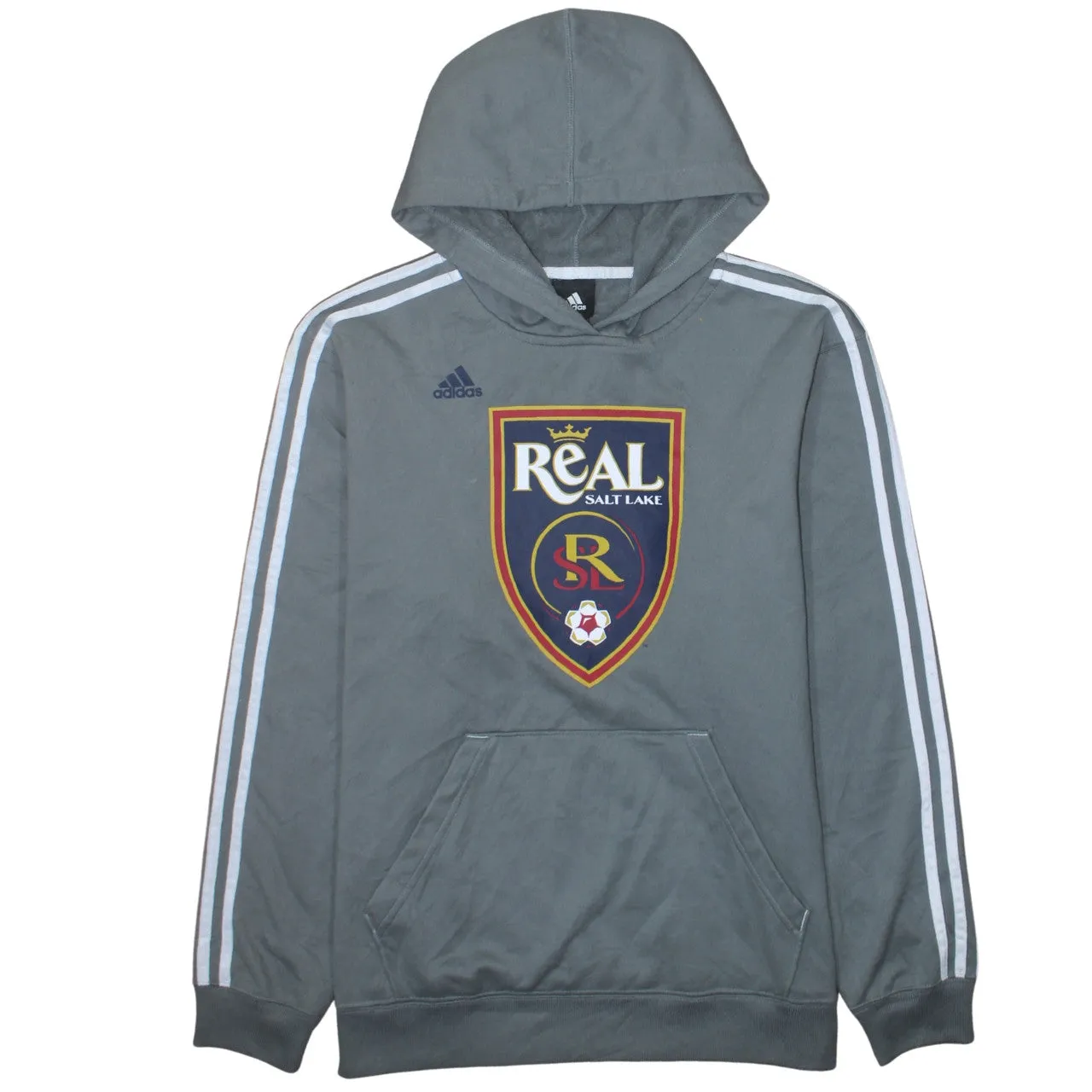 Adidas 90's Striped Sleeve Pullover Hoodie Medium Grey sold by Vintage Club