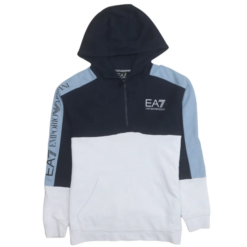 Emporio Armani 90's Drawstring Pockets Quarter Zip Hoodie Small Navy Blue made by Emporio Armani