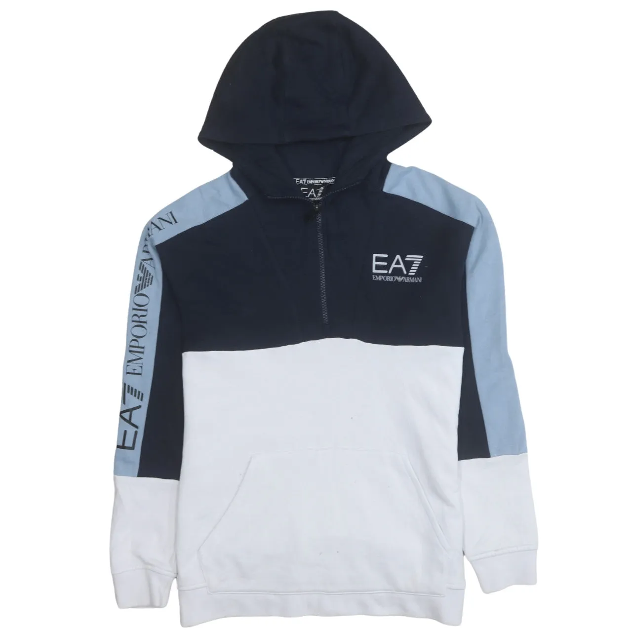 Emporio Armani 90's Drawstring Pockets Quarter Zip Hoodie Small Navy Blue sold by Vintage Club