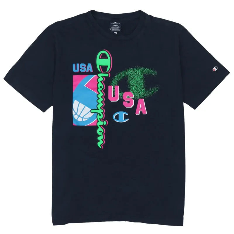 Champion 90's Spellout Short Sleeves T Shirt Large Navy Blue made by Champion