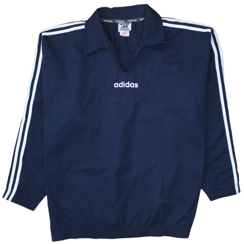 Adidas 90's Striped Sleeve V Neck Windbreaker Large Navy Blue sold by Vintage Club