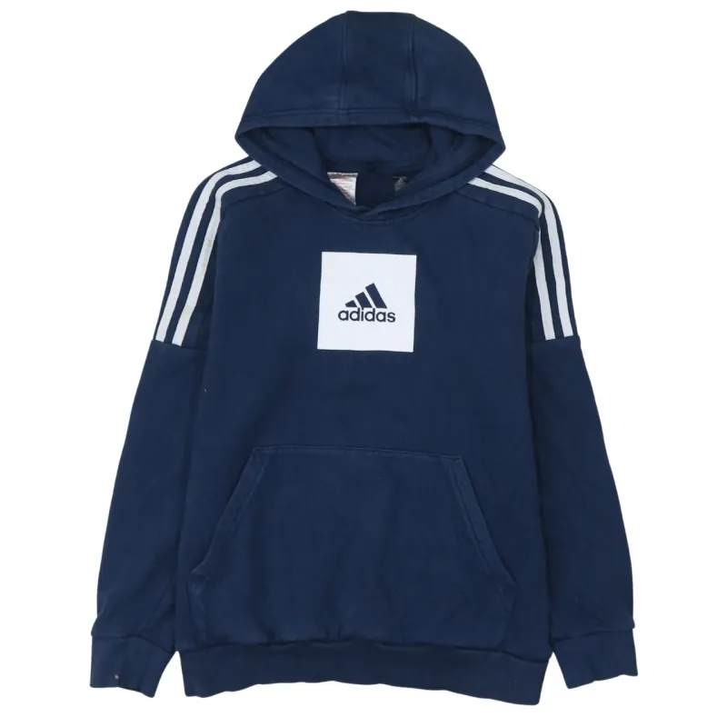 Adidas 90's Striped Sleeve Pullover Hoodie Large Navy Blue sold by Vintage Club
